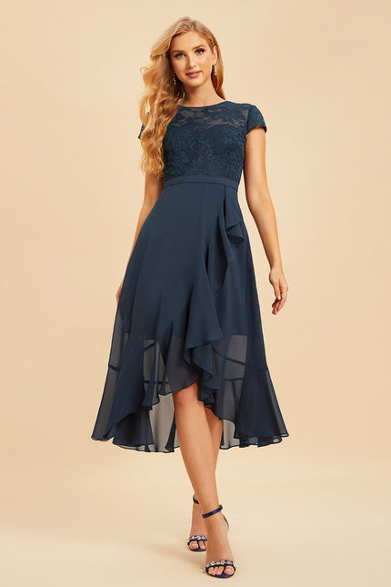 Robe Chic Bleu Nuit Mousseline Dentelle
