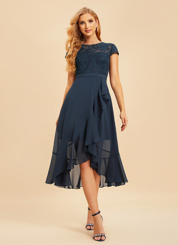 Robe Chic Bleu Nuit Mousseline Dentelle