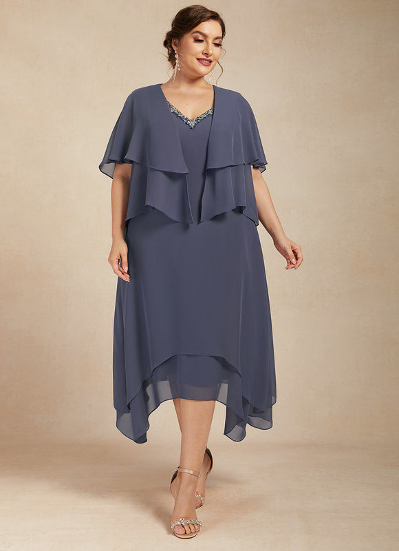 Robe Chic Gris Perle Asymétrique Avec Perles - gallery 7
