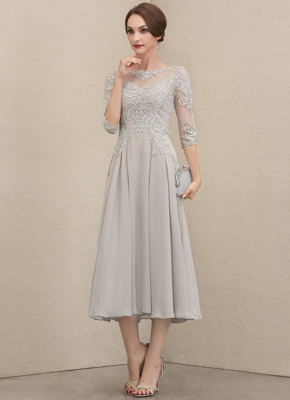 Robe Chic Gris Perlé Mousseline Dentelle - gallery 1