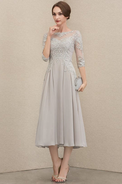 Robe Chic Gris Perlé Mousseline Dentelle - gallery 1