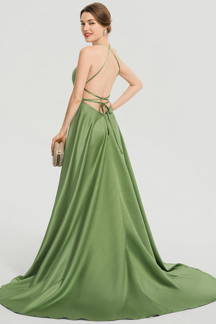 Robe Chic Verte Satinée Avec Traîne - gallery 6