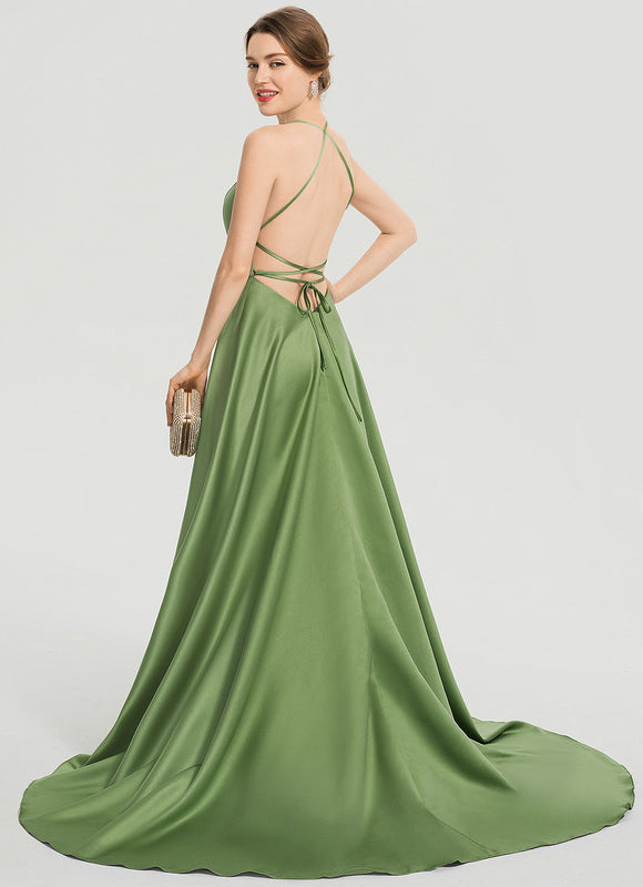 Robe Chic Verte Satinée Avec Traîne - gallery 6