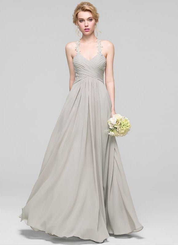 Robe Chic Gris Clair Mousseline Volantée