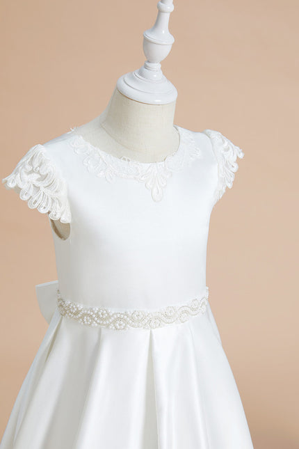 Robe Chic Blanche Satin Dentelle Pour Fille - gallery 4