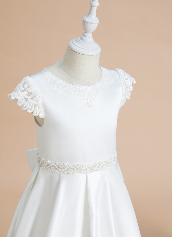 Robe Chic Blanche Satin Dentelle Pour Fille - gallery 4