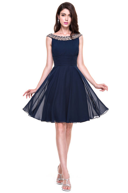 Robe Chic Bleu Nuit Cocktail Volants Perles - gallery 3
