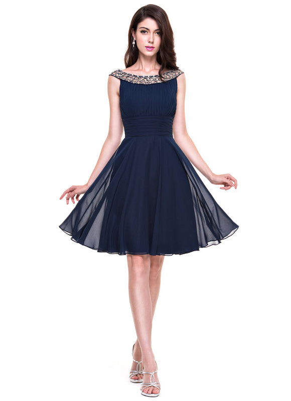 Robe Chic Bleu Nuit Cocktail Volants Perles - gallery 3