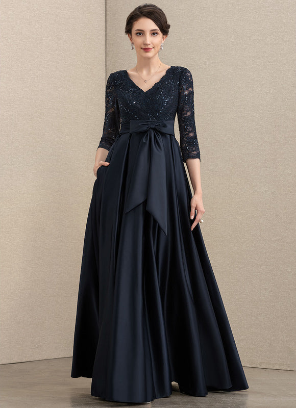 Robe Chic Bleu Nuit Évasée Satin Dentelle - gallery 2