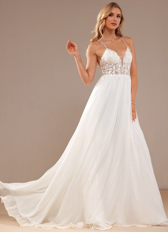Robe Chic Blanche Traîne Mousseline Dentelle