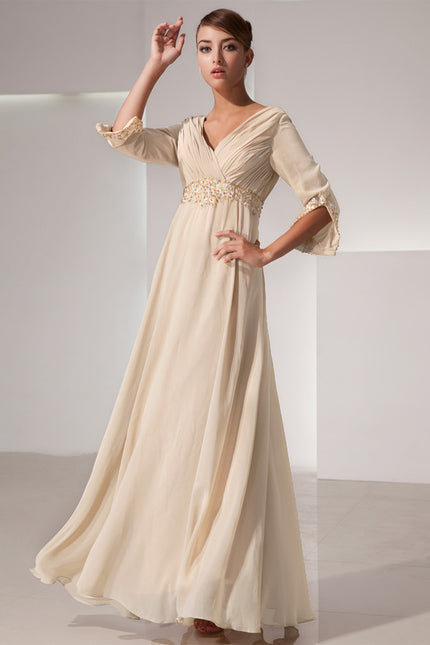 Robe Chic Beige Perlée Ras Du Sol - gallery 2