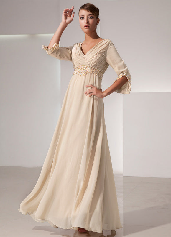 Robe Chic Beige Perlée Ras Du Sol - gallery 2