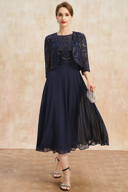 Robe Chic Bleu Nuit Élégante À Dentelle