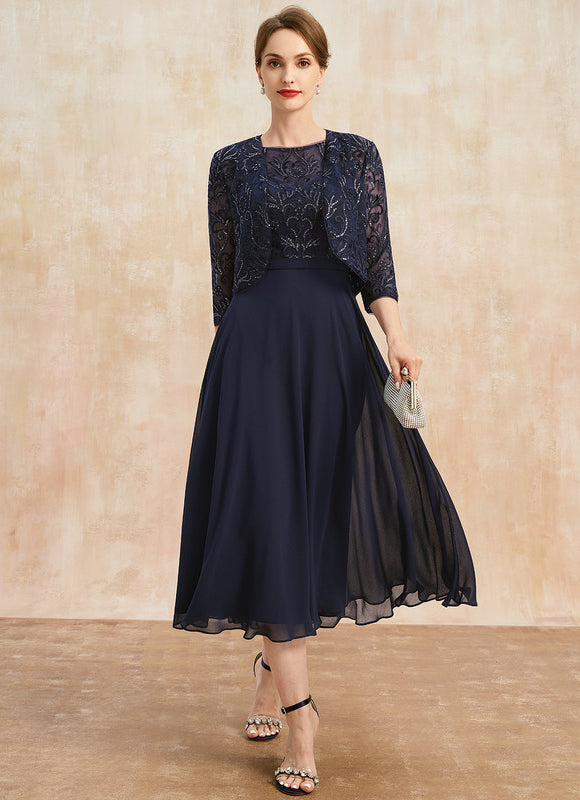 Robe Chic Bleu Nuit Élégante À Dentelle