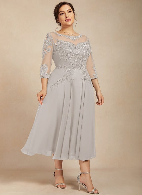 Robe Chic Gris Perlé Mousseline Dentelle - gallery 9