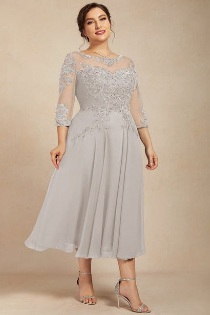 Robe Chic Gris Perlé Mousseline Dentelle - gallery 9