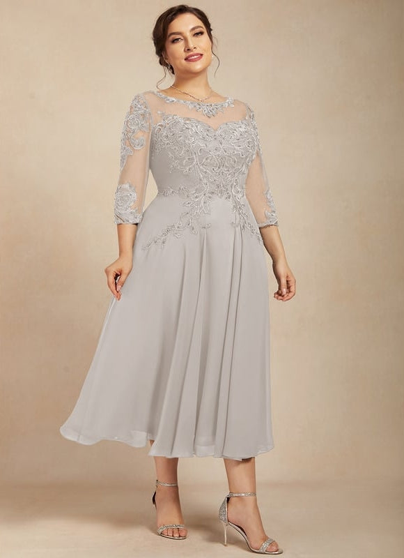 Robe Chic Gris Perlé Mousseline Dentelle - gallery 9