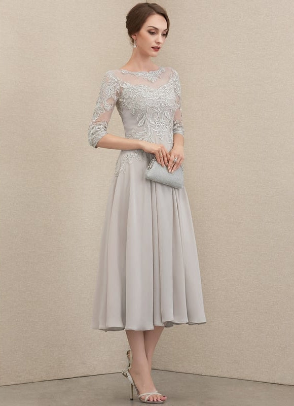 Robe Chic Gris Perlé Mousseline Dentelle