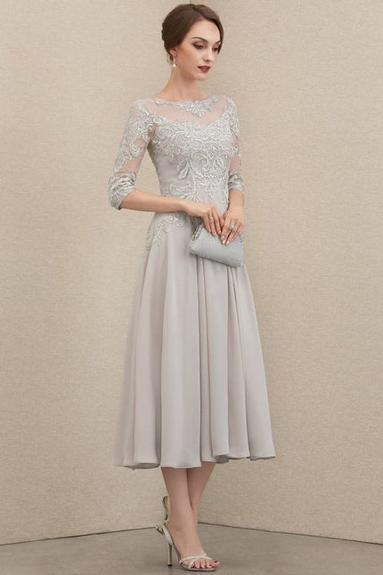 Robe Chic Gris Perlé Mousseline Dentelle