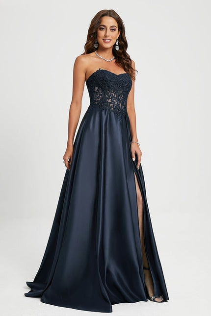 Robe Chic Bleu Nuit Satin Dentelle - gallery 1