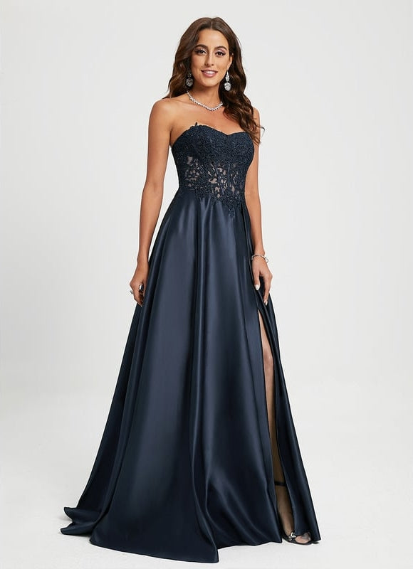 Robe Chic Bleu Nuit Satin Dentelle - gallery 1