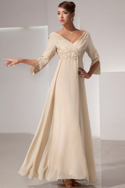 Robe Chic Beige Perlée Ras Du Sol