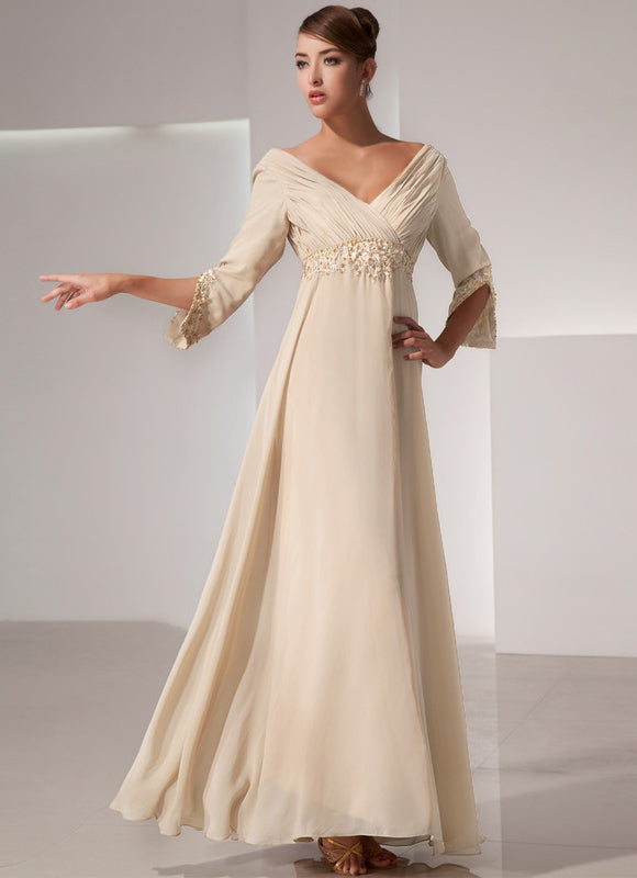 Robe Chic Beige Perlée Ras Du Sol
