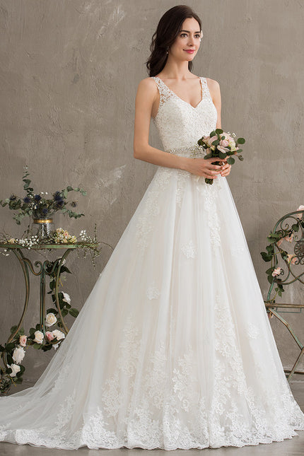 Robe Chic Blanche Traîne En Dentelle - gallery 9