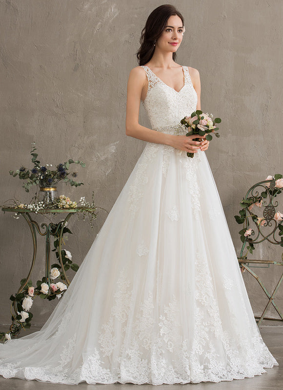 Robe Chic Blanche Traîne En Dentelle - gallery 9