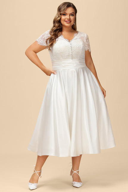 Robe Chic Blanche Satin Dentelle Volants - gallery 6