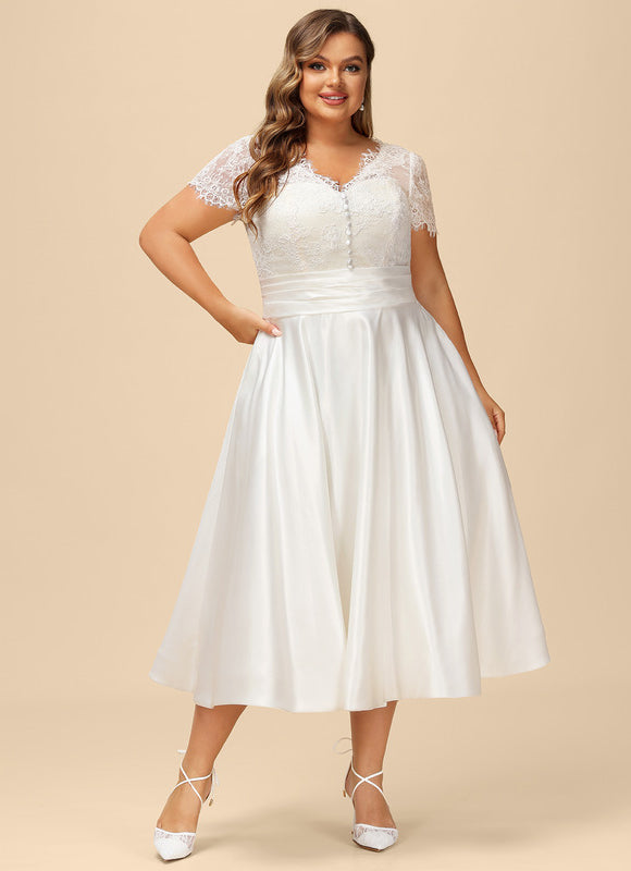 Robe Chic Blanche Satin Dentelle Volants - gallery 6