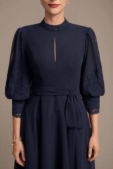 Robe Chic Bleu Marine Dentelle Élégante - gallery 6