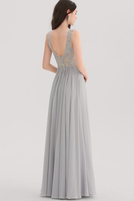 Robe Chic Gris Clair Mousseline Strass - gallery 2
