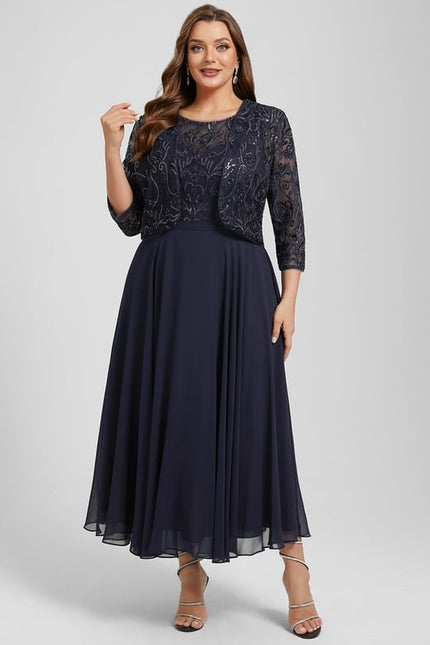 Robe Chic Bleu Nuit Élégante À Dentelle - gallery 8
