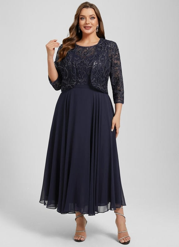 Robe Chic Bleu Nuit Élégante À Dentelle - gallery 8