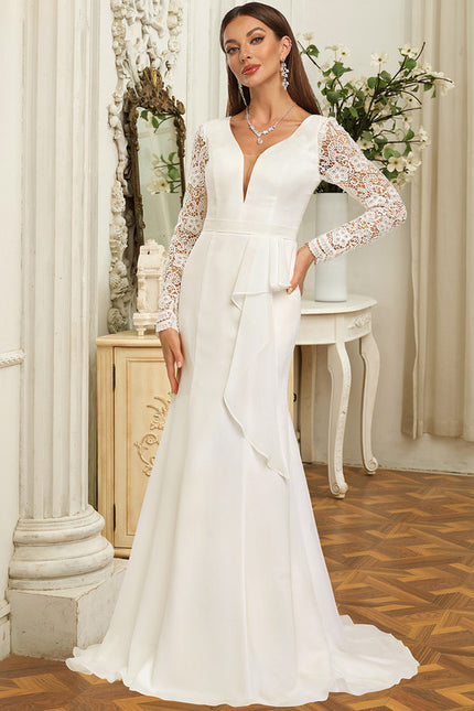 Robe Chic Blanche Dentelle Col V
