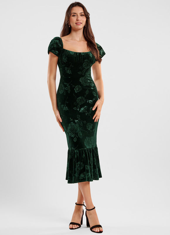 Robe Chic Velours Vert Floral