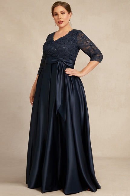 Robe Chic Bleu Nuit Évasée Satin Dentelle - gallery 8