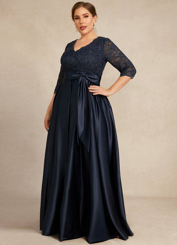 Robe Chic Bleu Nuit Évasée Satin Dentelle - gallery 8