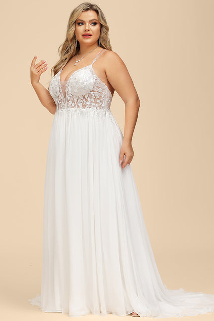 Robe Chic Blanche Traîne Mousseline Dentelle - gallery 8