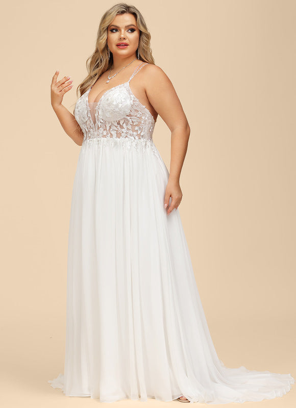 Robe Chic Blanche Traîne Mousseline Dentelle - gallery 8