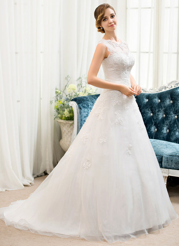Robe Chic Blanche Traîne Dentelle Élégante - gallery 2