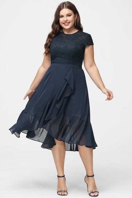 Robe Chic Bleu Nuit Mousseline Dentelle - gallery 8