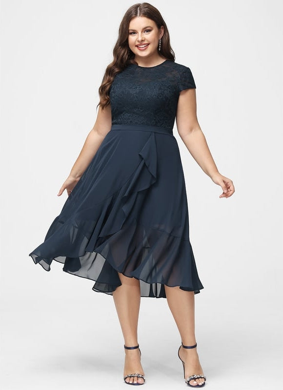 Robe Chic Bleu Nuit Mousseline Dentelle - gallery 8