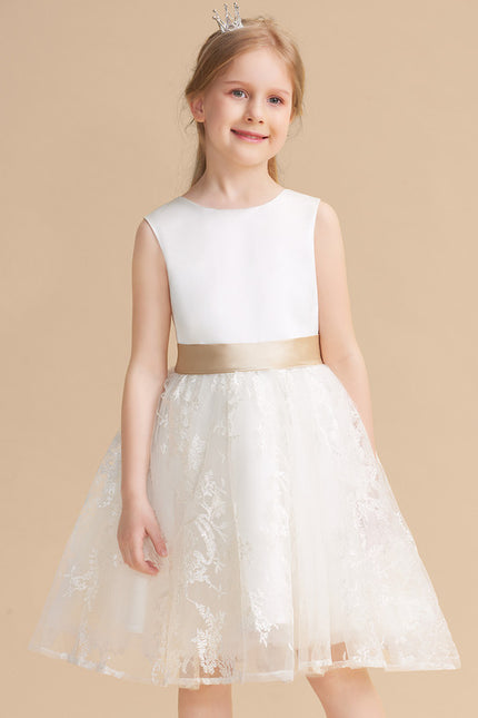 Robe Chic Beige Satin Dentelle Fille - gallery 2
