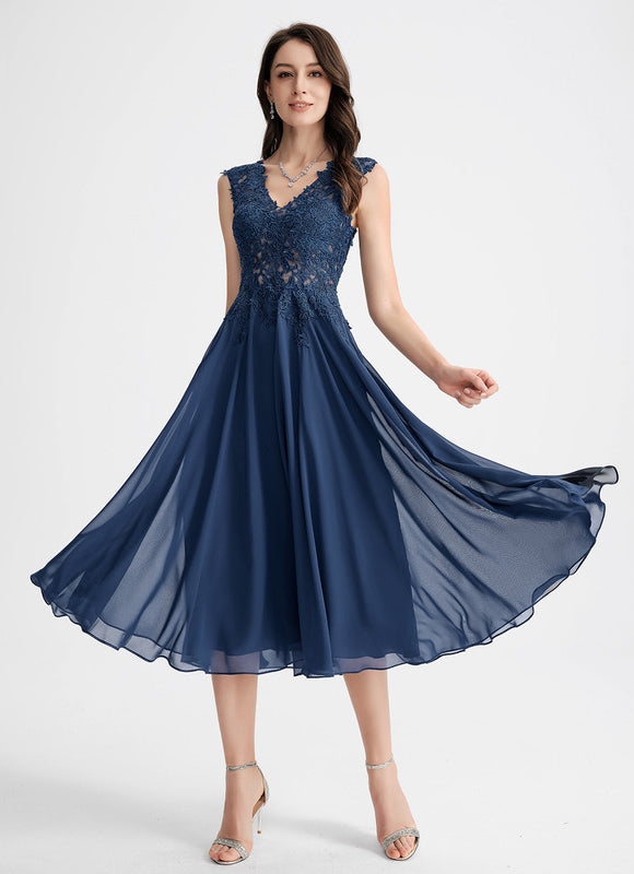 Robe Chic Noire Dentelle V-Cou Élégant