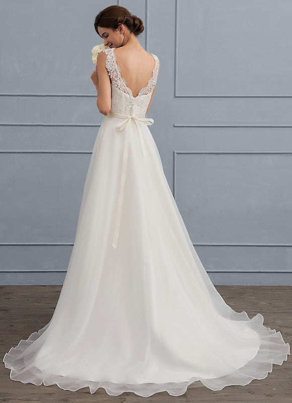 Robe Chic Blanche En Dentelle Traîne - gallery 1