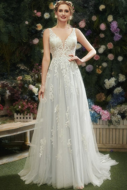 Robe Chic Blanche Tulle Dentelle Traîne - gallery 2