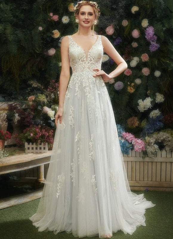Robe Chic Blanche Tulle Dentelle Traîne - gallery 2