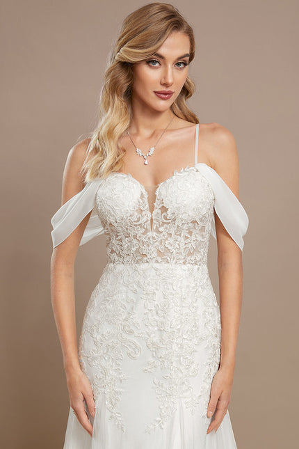 Robe Chic Blanche Dentelle Traîne - gallery 3